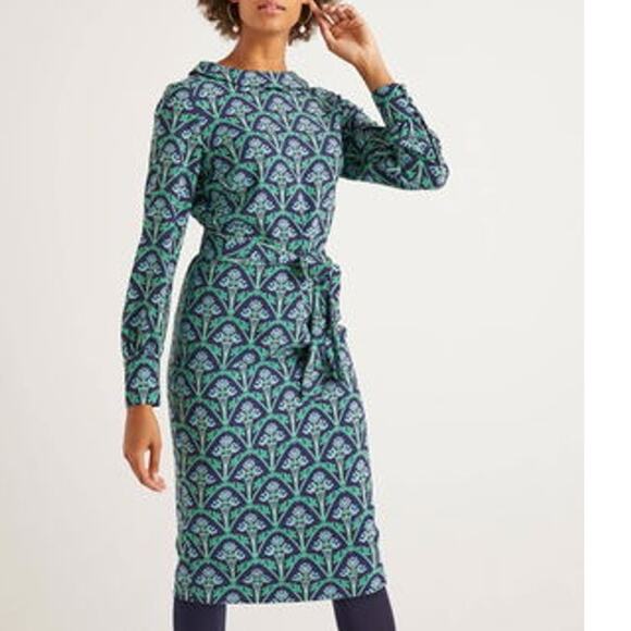 Boden Womens Florrie Dress Long Sleeve High Neck Back Zip Green Blue Size 8P - Picture 2 of 11